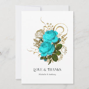 Cartão De Agradecimento Casamento Vintage Turquesa e Dourado