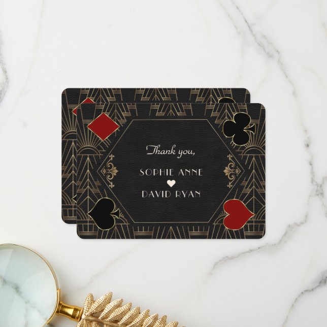 Cartão De Agradecimento Casino Gold Black Art Deco Gatsby 20s Wedding (Frente/Verso In Situ)