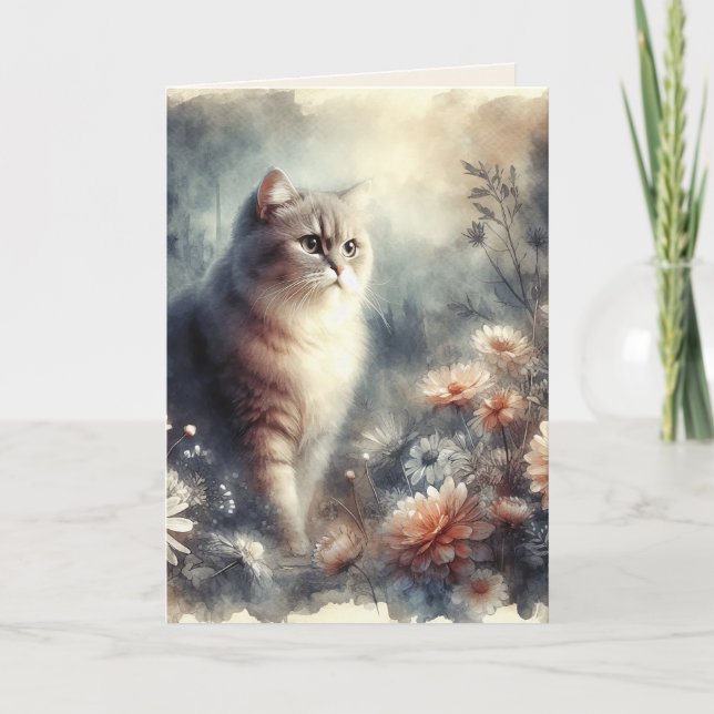 Cartão De Agradecimento Cat & Floral de Aquarela - Placa de Dia de as mães (Frente)