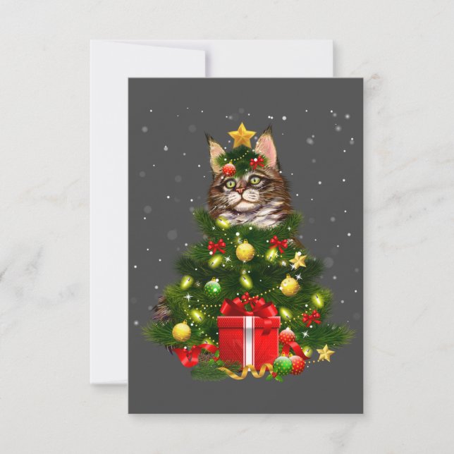 Cartão De Agradecimento Cat Maine Coon Cat Xmas Tree Lights Cat Lover Feia (Frente)