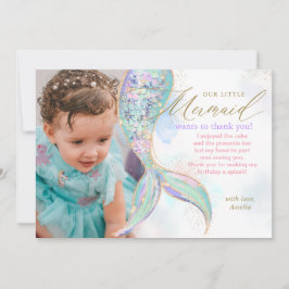 Cartão De Agradecimento Cauda de sereia com brilho dourado sob a foto do m