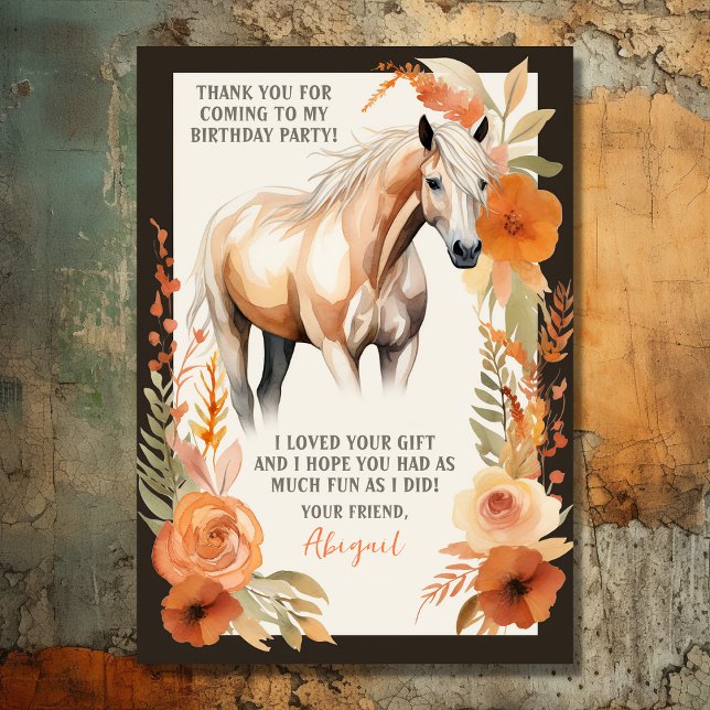 Cartão De Agradecimento Cavalo bonito e Flores de Pêssego Aniversário (Front - Pretty Horse and Peach Flowers Watercolor Birthday Thank You Card)