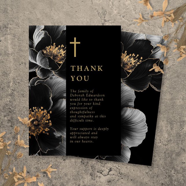 Cartão De Agradecimento Celebração Cristã da Vida Preta e Dourada (Black And Gold Christian Celebration Of Life Thank You Card)