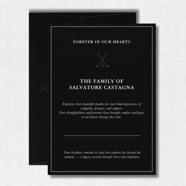Cartão De Agradecimento Celebração de Golfe da Vida Preta (Thoughtful golf memorial thank-you card — honoring love and remembrance.)