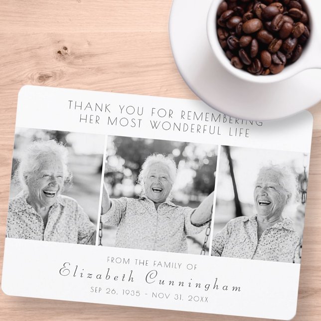 Cartão De Agradecimento Celebração de Sua Vida Moderna Simples Três Fotos (Criador carregado)