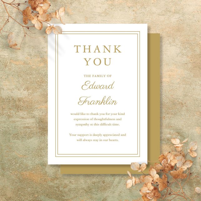 Cartão De Agradecimento Celebração de Vida Funeral em Ouro Elegante (Elegant Gold Celebration Of Life Funeral Thank You Card)