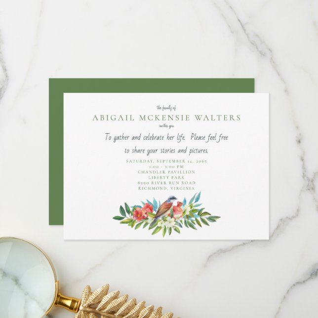 Cartão De Agradecimento Celebração Funeral de Pássaro e Pomegranato da Vid (Frente/Verso In Situ)