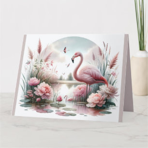 Cartão De Agradecimento Cena Floral de Flamingo em Lagoa Pastel