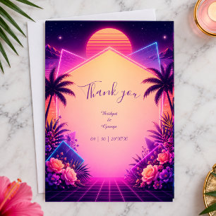 Cartão De Agradecimento Cenário de Sonho de Casamento Neon Pôr do Sol Retr