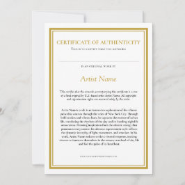 Cartão De Agradecimento Certificado de Autenticidade com Declaração de Art