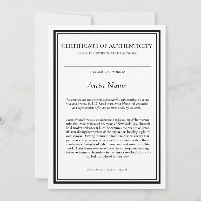 Cartão De Agradecimento Certificado de Autenticidade com Declaração de Art (Frente)