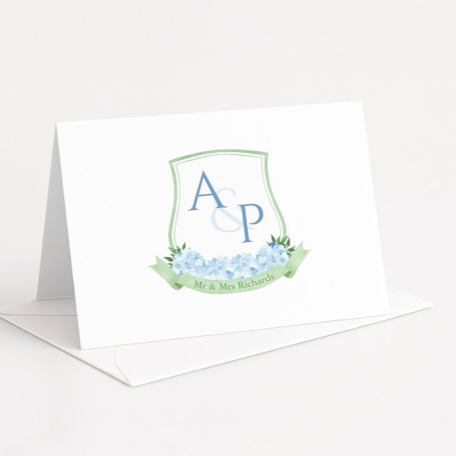 Cartão De Agradecimento Cesto de Casamentos Botânicos da Hydrangea Azul Sa (Watercolor sap green wedding crest with blue hydrangeas and monogram text thank you cards)