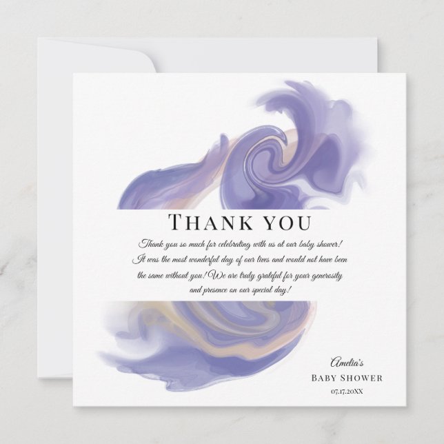 Cartão De Agradecimento Chá de Bebê Abstrato em Aquarela Lavanda (Frente)