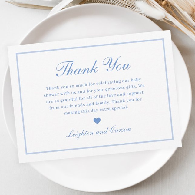 Cartão De Agradecimento Chá de Bebê Azul com Letra Elegante (Elegant Script Blue Baby Shower Thank You Card.)