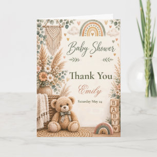 Cartão De Agradecimento Chá de Bebê Boho Urso de Pelúcia