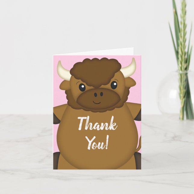 Cartão De Agradecimento Chá de Bebê Búfalo Bisonte Rosa (Frente)