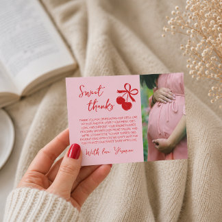 Cartão De Agradecimento Chá de Bebê Cereja Rosa e Vermelho Foto Agradecime