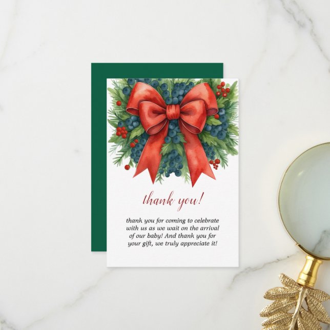 Cartão De Agradecimento Chá de Bebê com Laço Vermelho Natal Brunch (Frente/Verso In Situ)