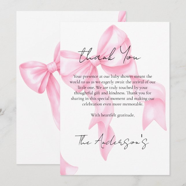 Cartão De Agradecimento Chá de Bebê Coquette com Laço Rosa  (Frente/Verso)