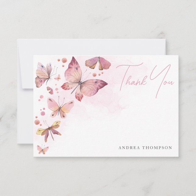 Cartão De Agradecimento Chá de Bebê de Borboletas Rosa Moderno (Frente)