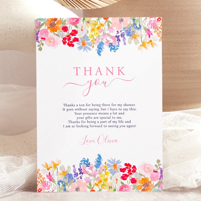 Cartão De Agradecimento Chá de bebé de casamento com flores silvestres de  (Modern garden wildflowers script bridal shower thank you card)