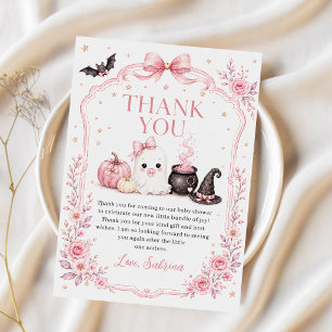 Cartão De Agradecimento Chá de Bebê de Halloween da Pequena Boo Rosa