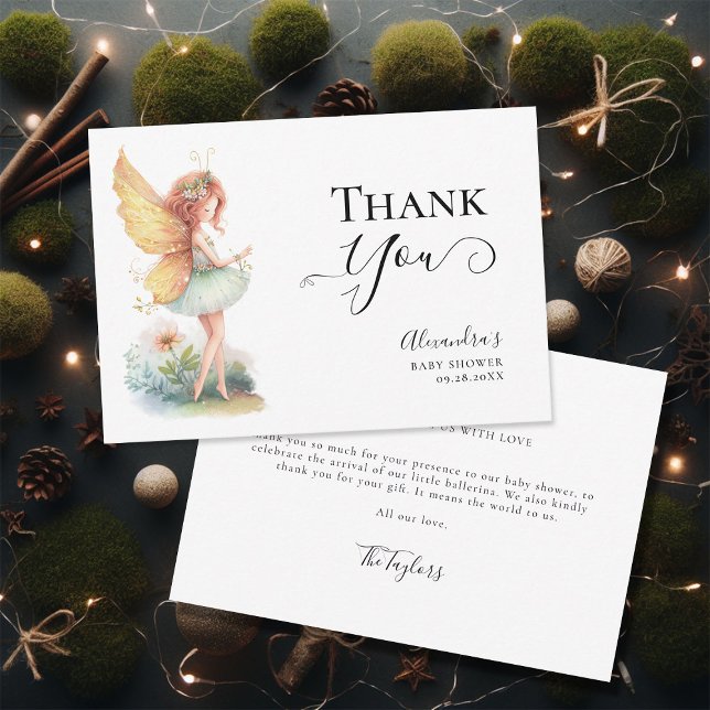 Cartão De Agradecimento Chá de Bebê de Jardim Encantado (enchanted fairy garden mushroom baby girl shower invitation elegant magical thank you card)