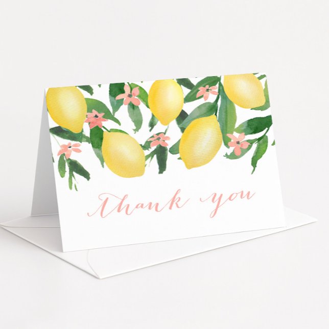 Cartão De Agradecimento Chá de Bebê de Limões Cítricos Rosa ou Chá de Noiv (Lemons with pretty pink blossoms baby girl shower thank you card)