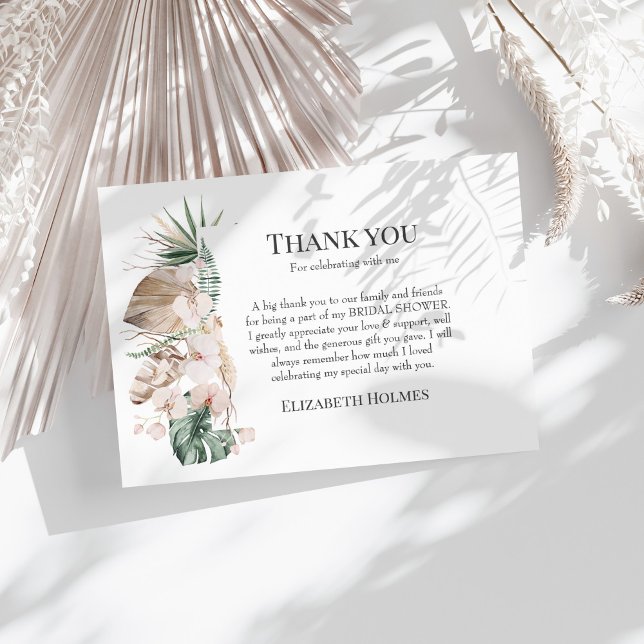 Cartão De Agradecimento Chá de Bebê de Noiva Tropical Orquídea & Monstera (Tropical Orchid & Monstera Bridal Shower Thank You Card on a sunny white table with dry botanicals.)
