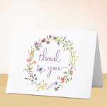 Cartão De Agradecimento Chá de Bebê de Vidraça Selvagem<br><div class="desc">Um cartões de agradecimentos de chá elegante para bebês, com "obrigado você" escrito em roteiro de lavanda e aquarelas inspiradas no livro de uma coroa de flores púrpura, rosa, pêssego e amarelas e uma borboleta roxa. No dentro, personalize seu obrigado, você envia uma mensagem e adicione seu nome em um...</div>