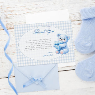 Cartão De Agradecimento Chá de Bebê do Ursinho Little Heart Blue Gingham