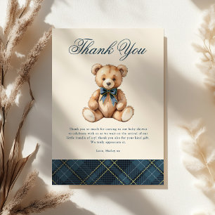 Cartão De Agradecimento Chá de Bebê do Urso de Pelúcia Xadrez Azul Vintage