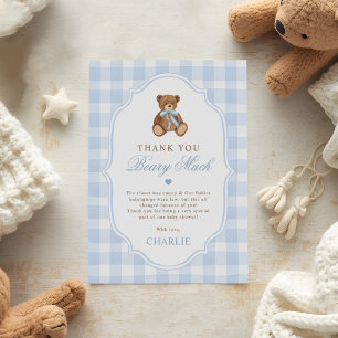 Cartão De Agradecimento Chá de Bebê do Urso Teddy Azul Xadrez Elegante