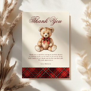 Cartão De Agradecimento Chá de Bebê do Urso Teddy Xadrez Vermelho Vintage