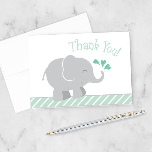 Cartão De Agradecimento Chá de Bebê Elefante Cinza Moderno Menta