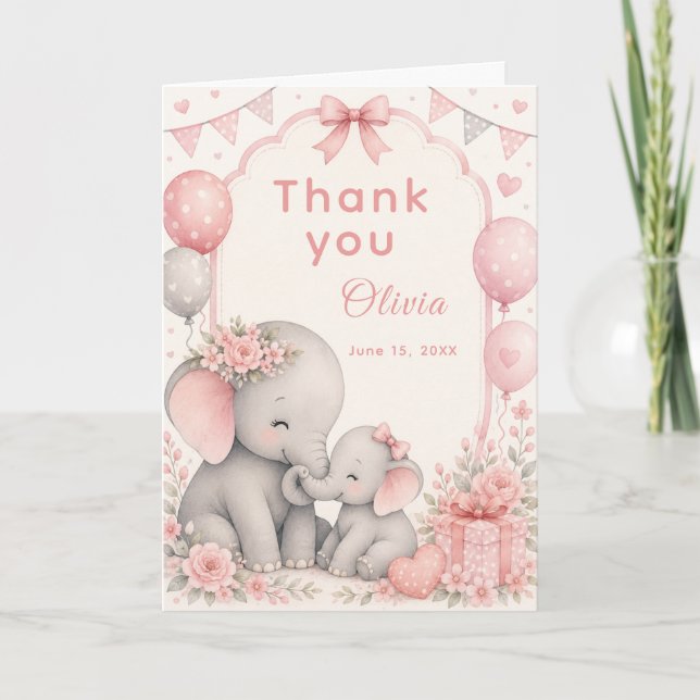 Cartão De Agradecimento Chá de Bebê Elefante Rosa (Frente)
