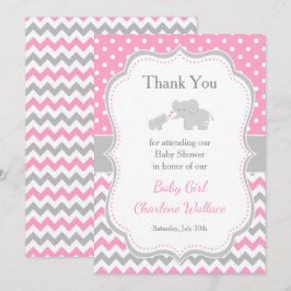 Cartão De Agradecimento Chá de Bebê Elefante Rosa e Cinza