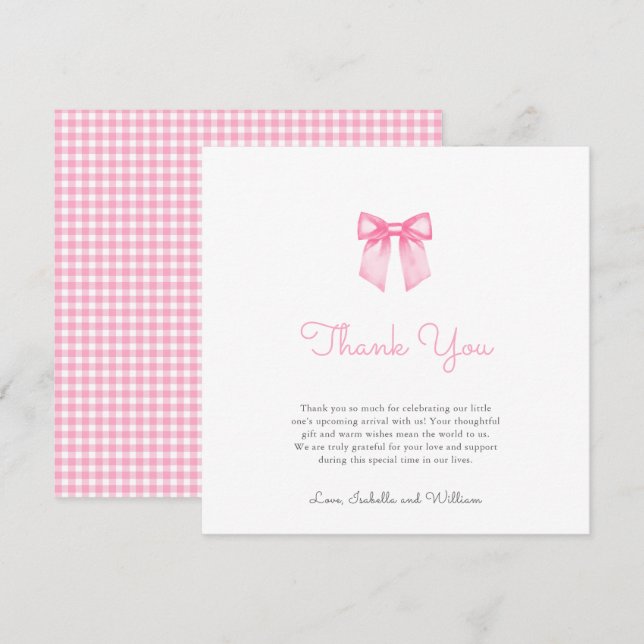 Cartão De Agradecimento Chá de Bebê Elegante com Laço Rosa Soft (Frente/Verso)