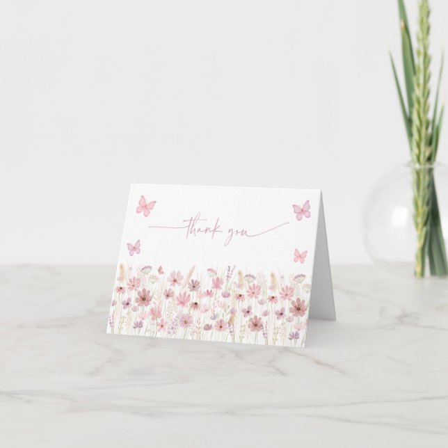 Cartão De Agradecimento Chá de Bebê Flor de Borboleta Rosa (Frente)