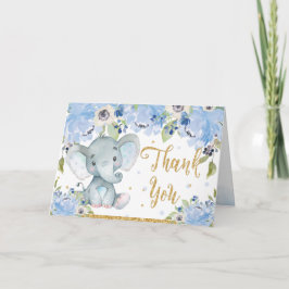 Cartão De Agradecimento Chá de Bebê Floral Azul Elefante Fofo