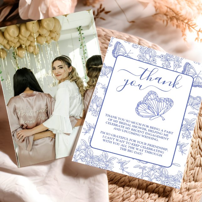 Cartão De Agradecimento Chá de Bebê Floral de Chinoiserie Azul com Foto (Criador carregado)