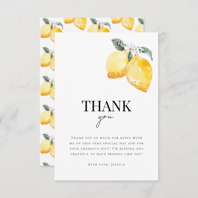 Cartão De Agradecimento Chá de Bebê Floral de Limão em Aquarela (Frente/Verso)