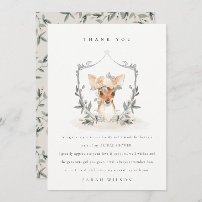 Cartão De Agradecimento Chá de Bebê Floral Elegante e Fofo Cervo Escuro (Frente/Verso)
