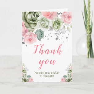 Cartão De Agradecimento Chá de Bebê Floral Rosa e Verde Salvia