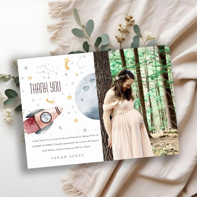 Cartão De Agradecimento Chá de Bebê Foguete Espaço Sideral Fofinho (Criador carregado)