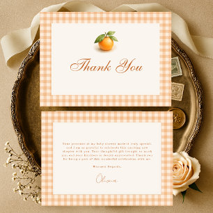 Cartão De Agradecimento Chá de Bebê Gingham Laranja Little Cutie