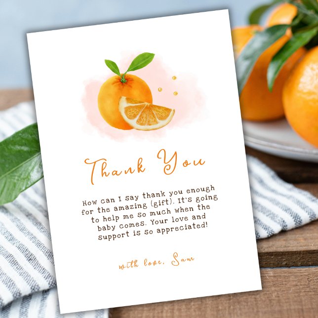 Cartão De Agradecimento Chá de Bebê Laranja Doce Simples Fofo (Cute Simple Sweet Orange Citrus Baby Shower Thank You Card)