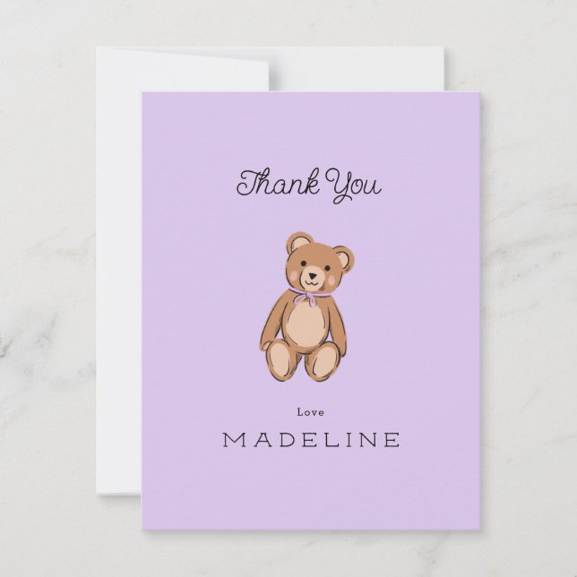 Cartão De Agradecimento Chá de Bebê Lilás Urso Teddy Clássico (Frente)