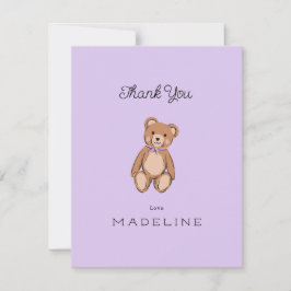 Cartão De Agradecimento Chá de Bebê Lilás Urso Teddy Clássico