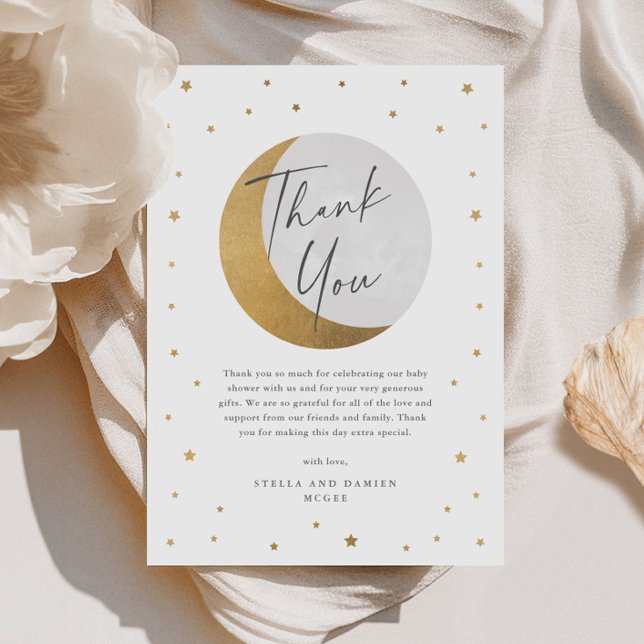 Cartão De Agradecimento Chá de bebê lua e estrelas (Elegant Gold Moon and Stars Script Gender Neutral Baby Shower Thank You Card.)